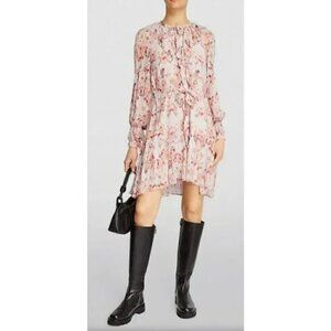 AllSaints Ava Momo Floral Long Sleeve Ruffle Dress Pink White Crinkle  SZ 0